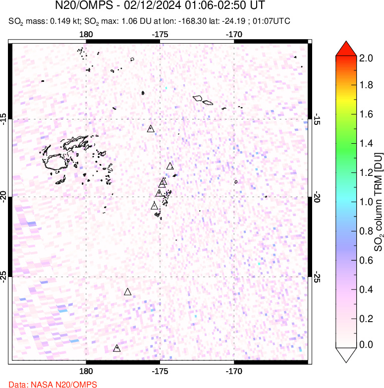 A sulfur dioxide image over Tonga, South Pacific on Feb 12, 2024.