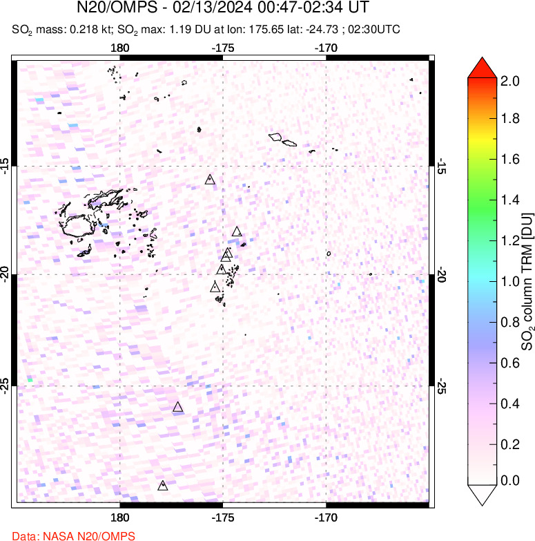 A sulfur dioxide image over Tonga, South Pacific on Feb 13, 2024.