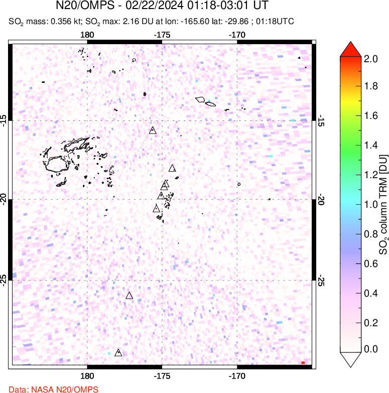 A sulfur dioxide image over Tonga, South Pacific on Feb 22, 2024.