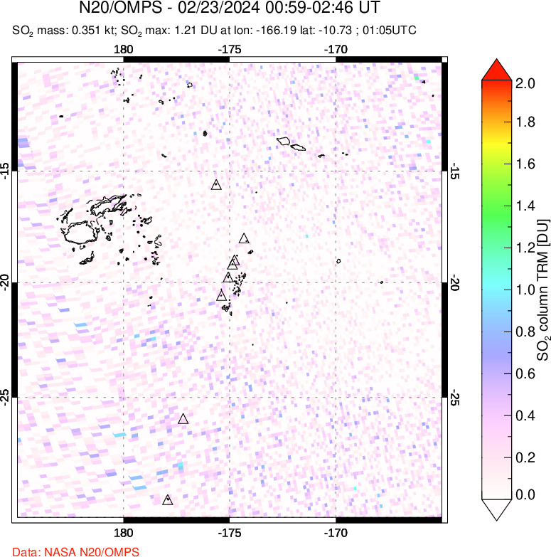 A sulfur dioxide image over Tonga, South Pacific on Feb 23, 2024.