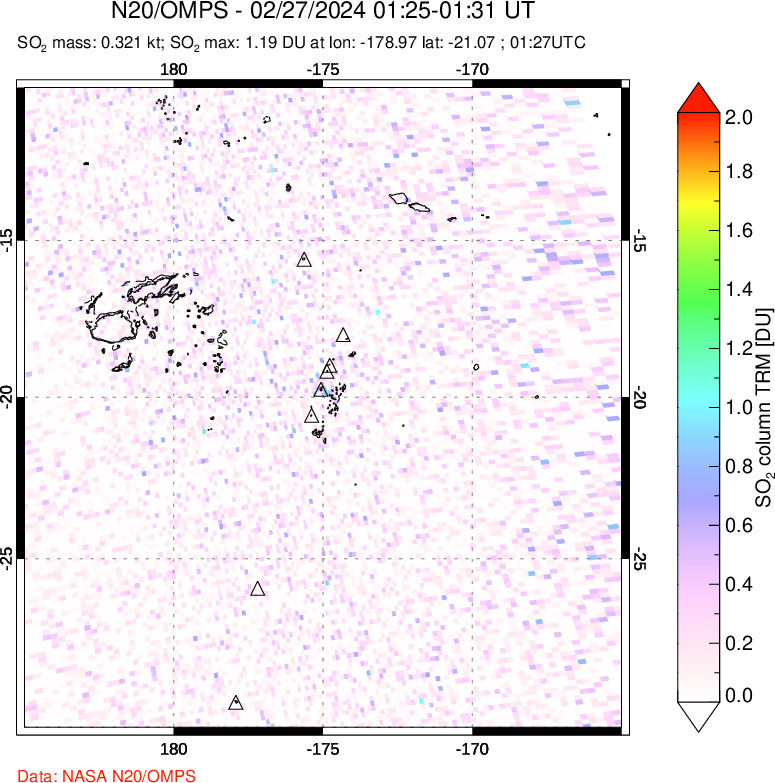 A sulfur dioxide image over Tonga, South Pacific on Feb 27, 2024.