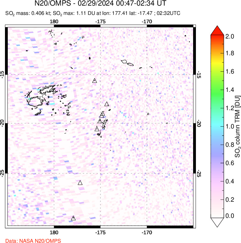 A sulfur dioxide image over Tonga, South Pacific on Feb 29, 2024.