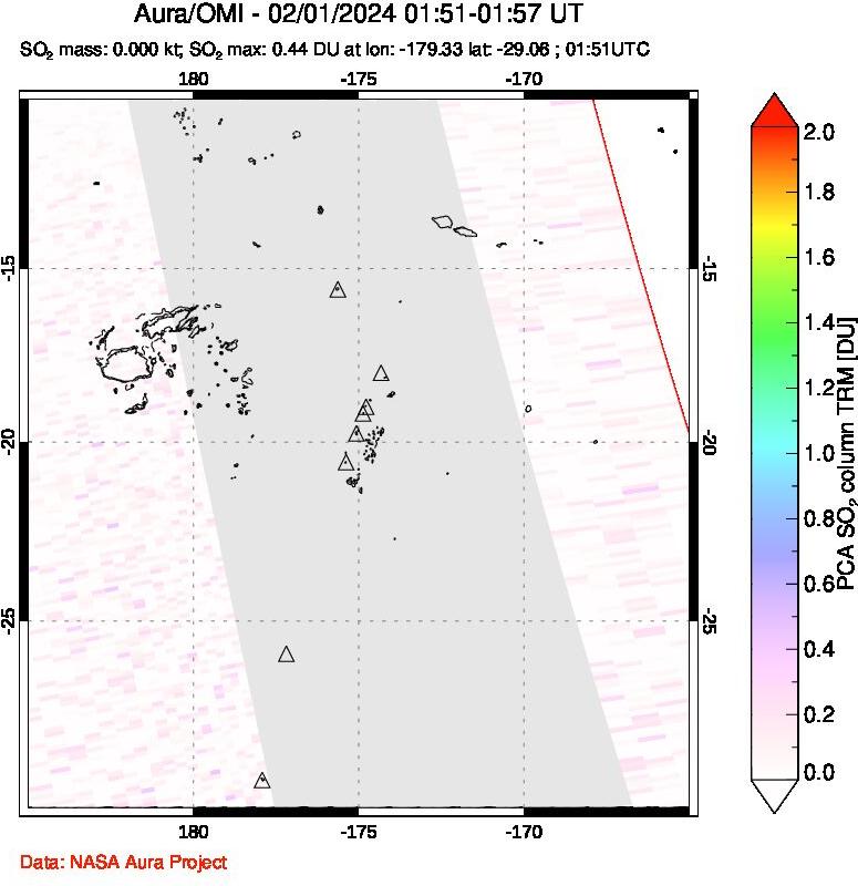 A sulfur dioxide image over Tonga, South Pacific on Feb 01, 2024.