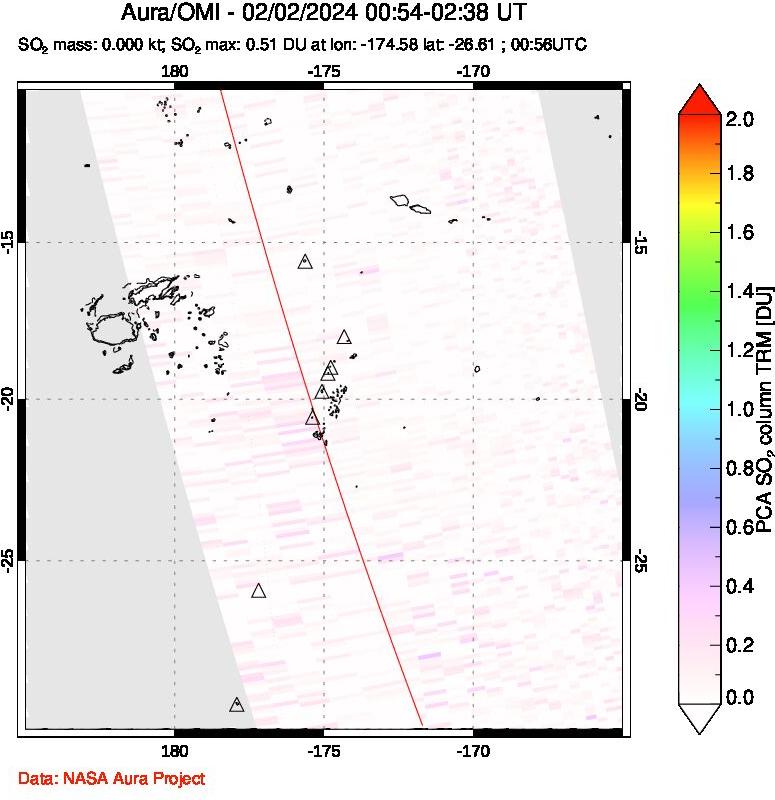 A sulfur dioxide image over Tonga, South Pacific on Feb 02, 2024.