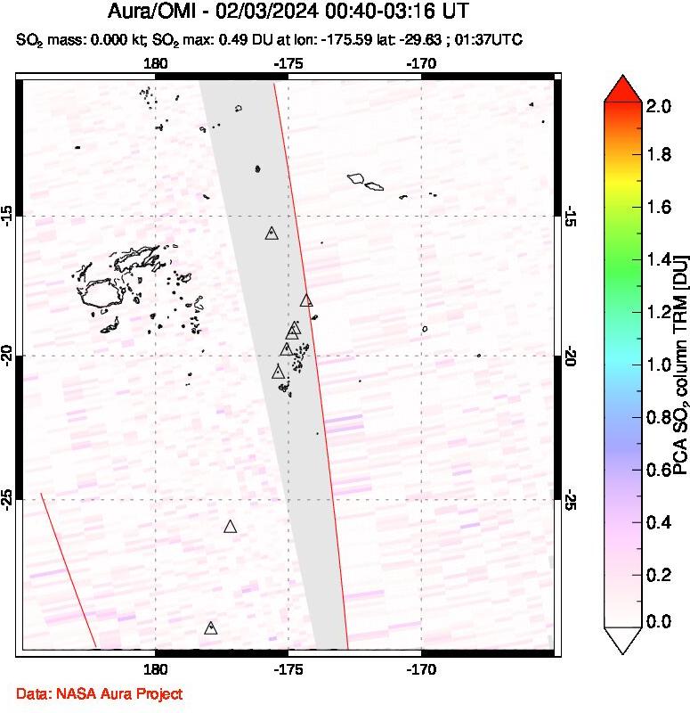 A sulfur dioxide image over Tonga, South Pacific on Feb 03, 2024.