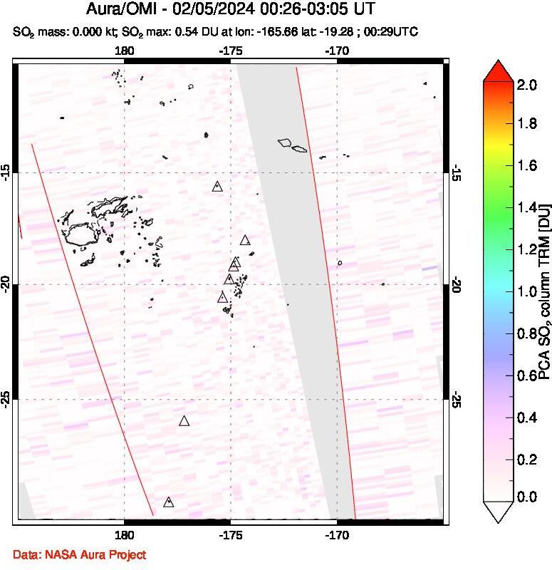 A sulfur dioxide image over Tonga, South Pacific on Feb 05, 2024.
