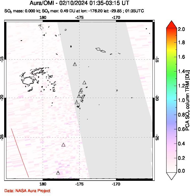 A sulfur dioxide image over Tonga, South Pacific on Feb 10, 2024.