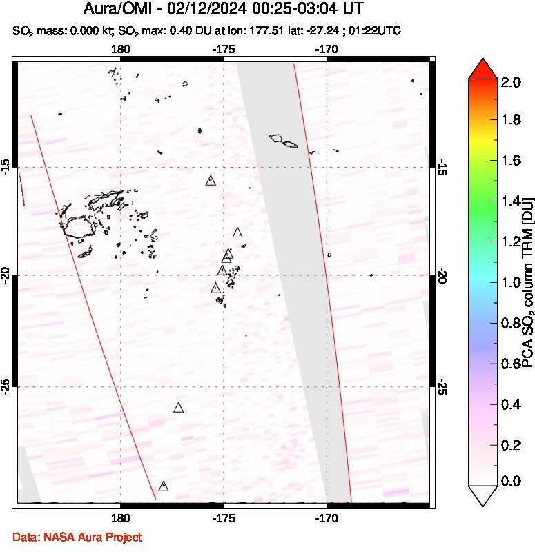 A sulfur dioxide image over Tonga, South Pacific on Feb 12, 2024.