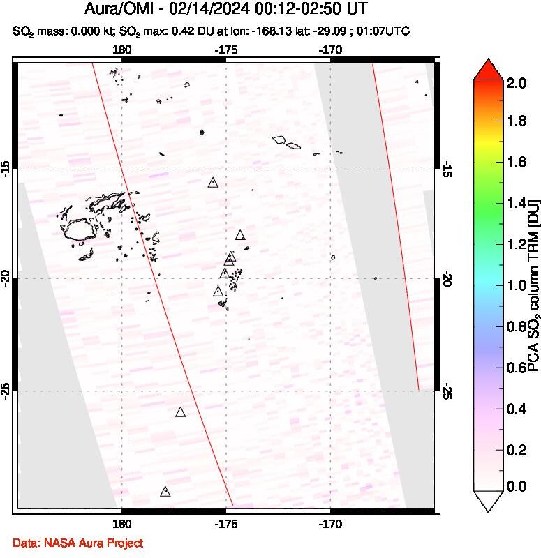 A sulfur dioxide image over Tonga, South Pacific on Feb 14, 2024.