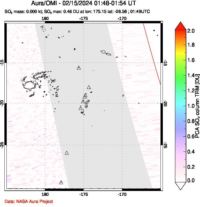 A sulfur dioxide image over Tonga, South Pacific on Feb 15, 2024.