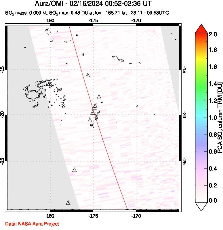 A sulfur dioxide image over Tonga, South Pacific on Feb 16, 2024.