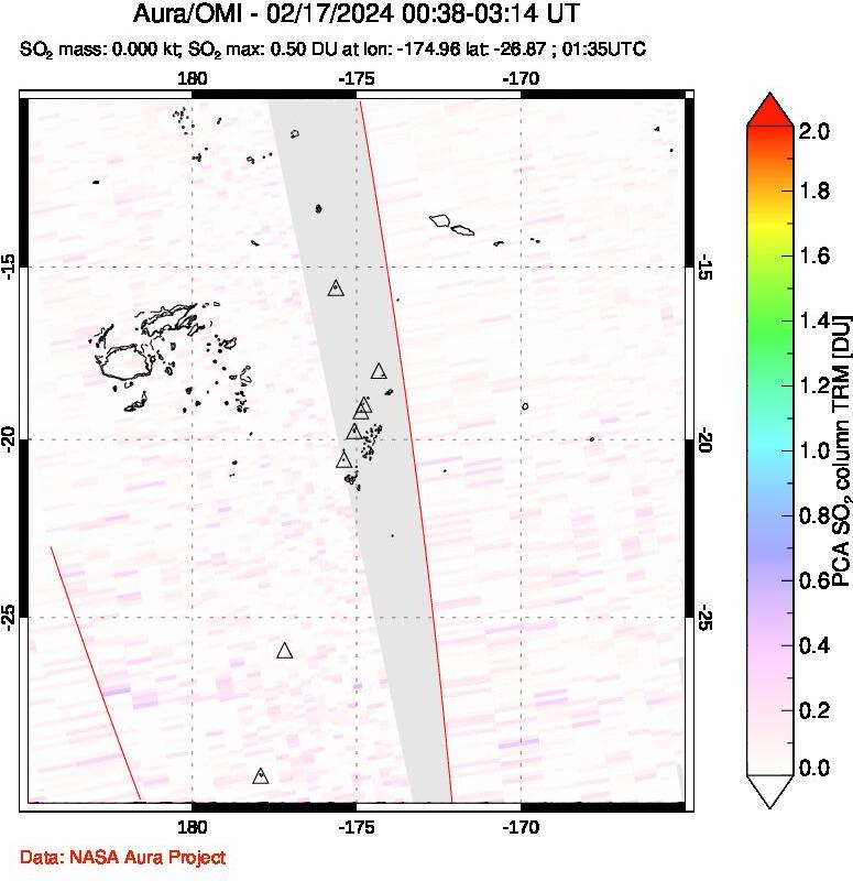 A sulfur dioxide image over Tonga, South Pacific on Feb 17, 2024.