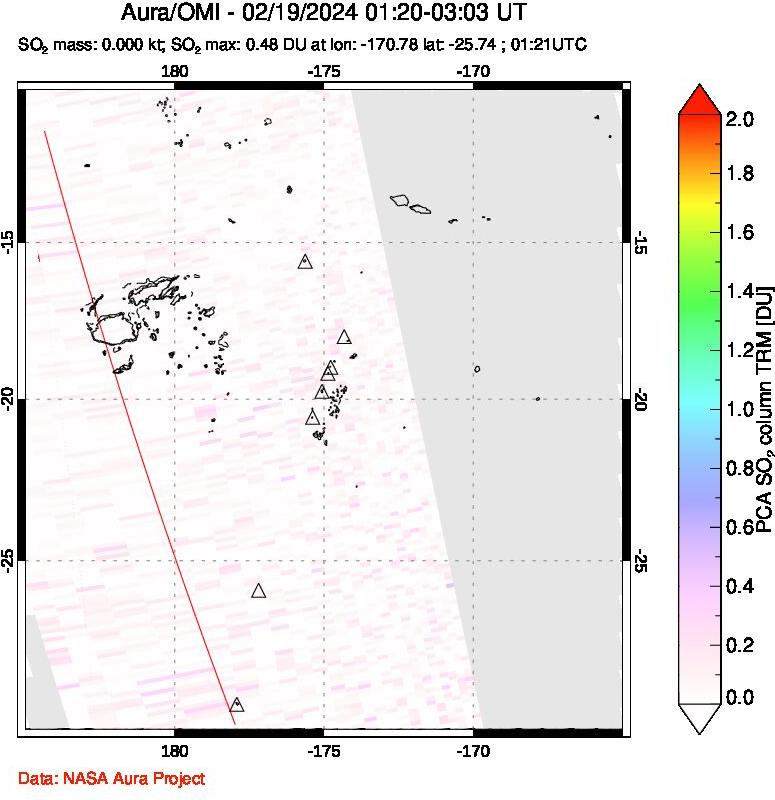 A sulfur dioxide image over Tonga, South Pacific on Feb 19, 2024.