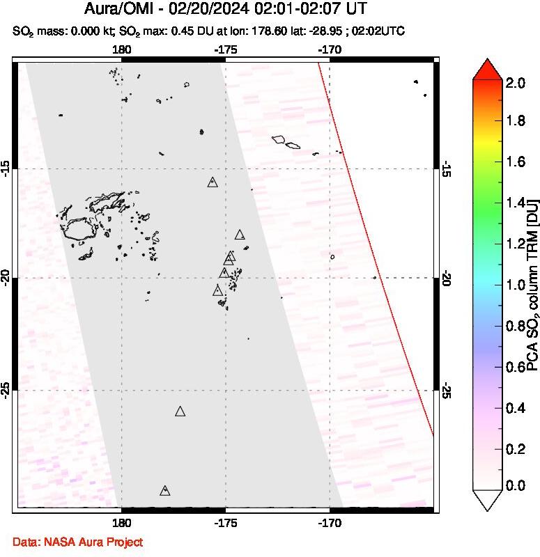 A sulfur dioxide image over Tonga, South Pacific on Feb 20, 2024.