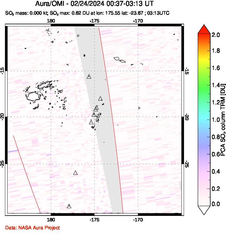 A sulfur dioxide image over Tonga, South Pacific on Feb 24, 2024.