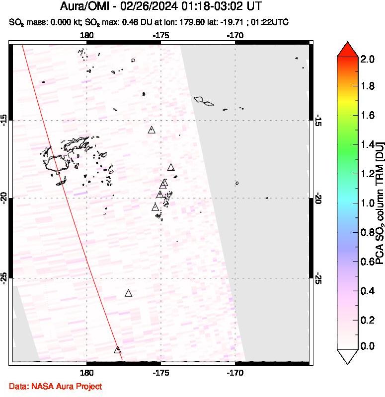 A sulfur dioxide image over Tonga, South Pacific on Feb 26, 2024.