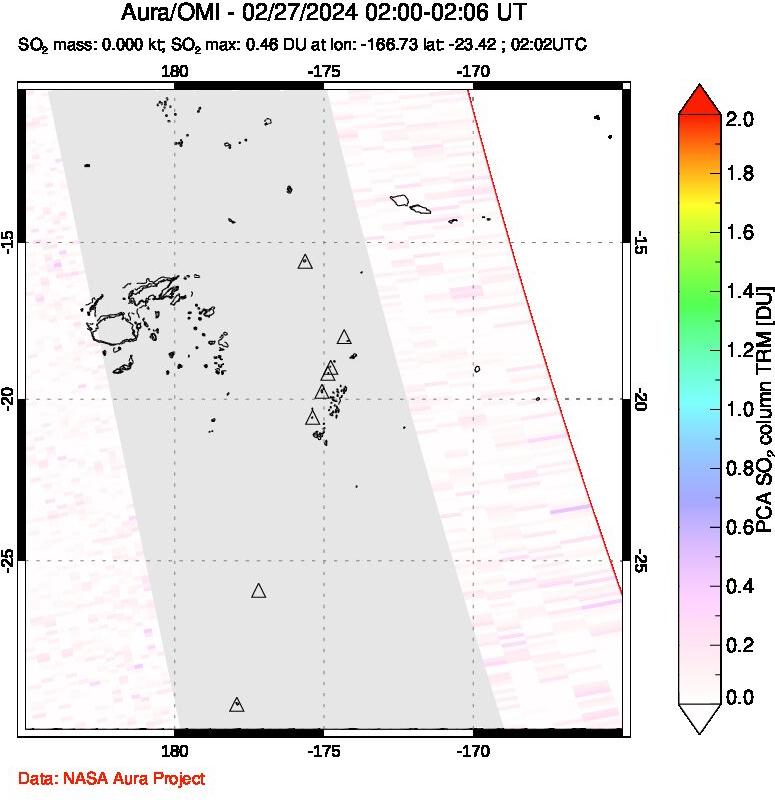 A sulfur dioxide image over Tonga, South Pacific on Feb 27, 2024.
