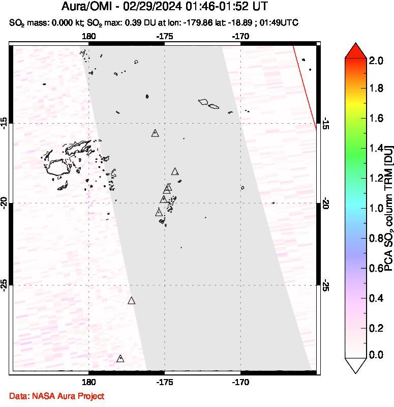 A sulfur dioxide image over Tonga, South Pacific on Feb 29, 2024.