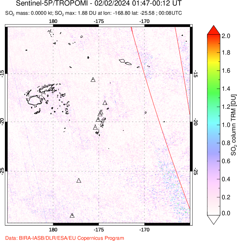 A sulfur dioxide image over Tonga, South Pacific on Feb 02, 2024.