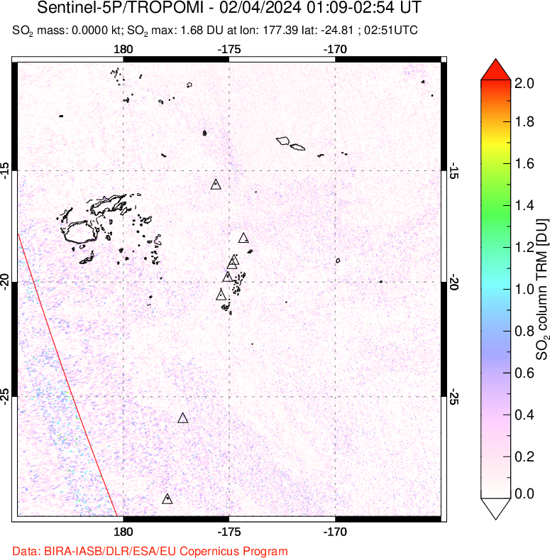 A sulfur dioxide image over Tonga, South Pacific on Feb 04, 2024.