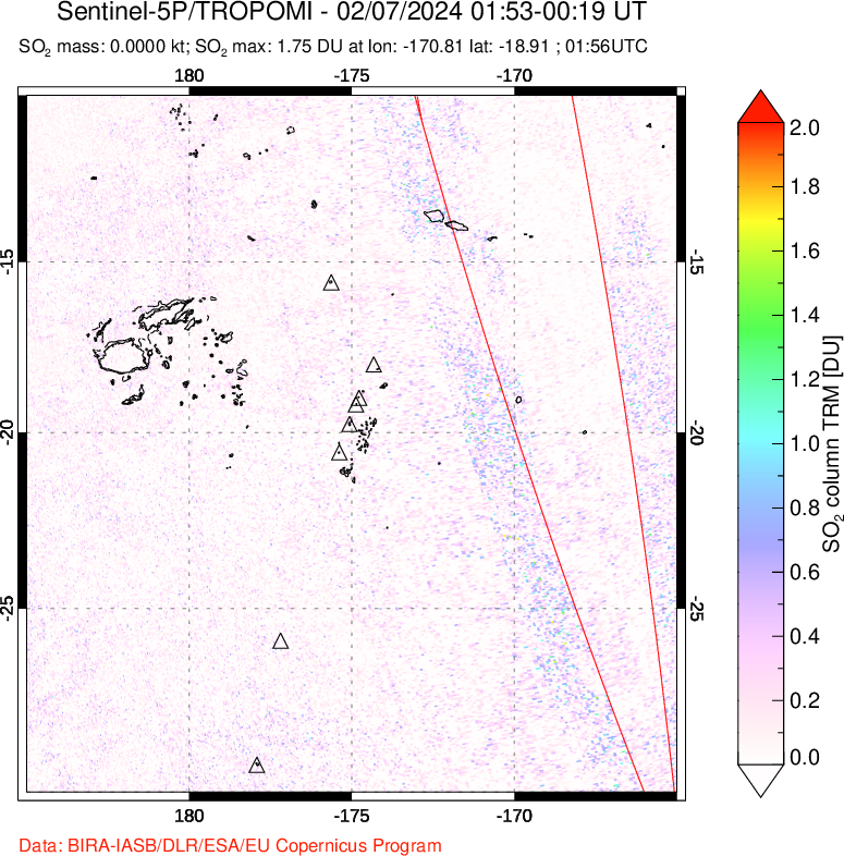 A sulfur dioxide image over Tonga, South Pacific on Feb 07, 2024.