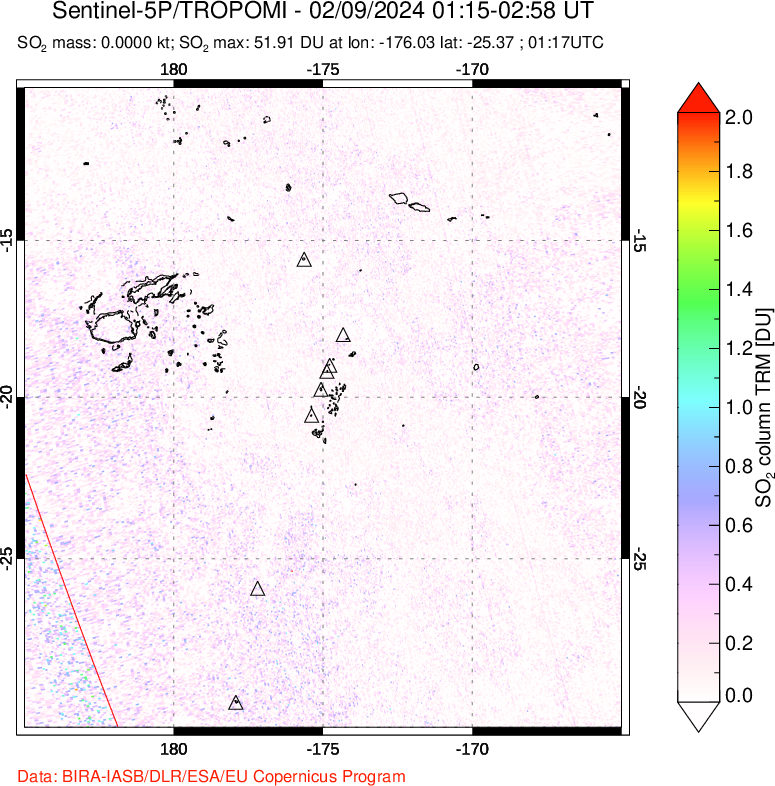 A sulfur dioxide image over Tonga, South Pacific on Feb 09, 2024.