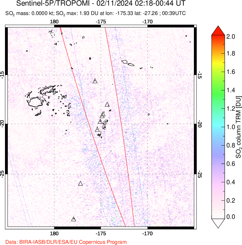 A sulfur dioxide image over Tonga, South Pacific on Feb 11, 2024.