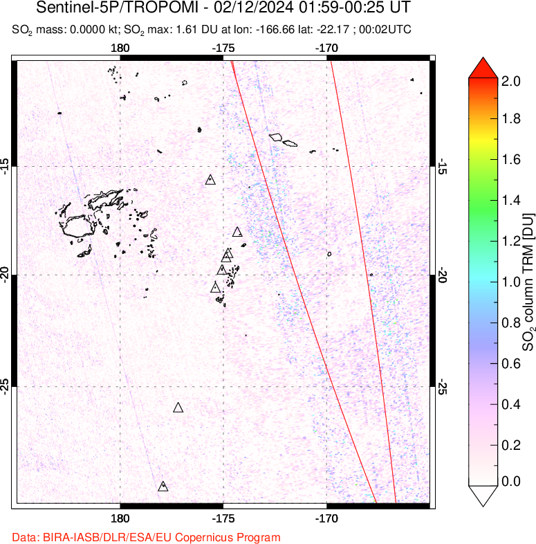 A sulfur dioxide image over Tonga, South Pacific on Feb 12, 2024.