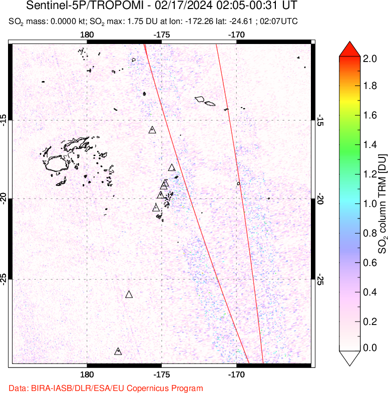 A sulfur dioxide image over Tonga, South Pacific on Feb 17, 2024.