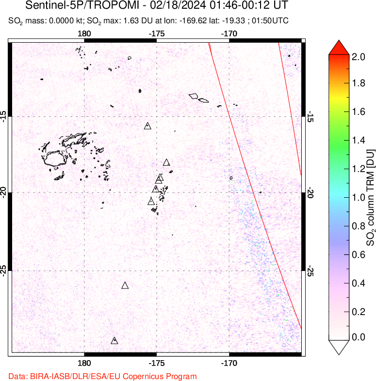 A sulfur dioxide image over Tonga, South Pacific on Feb 18, 2024.