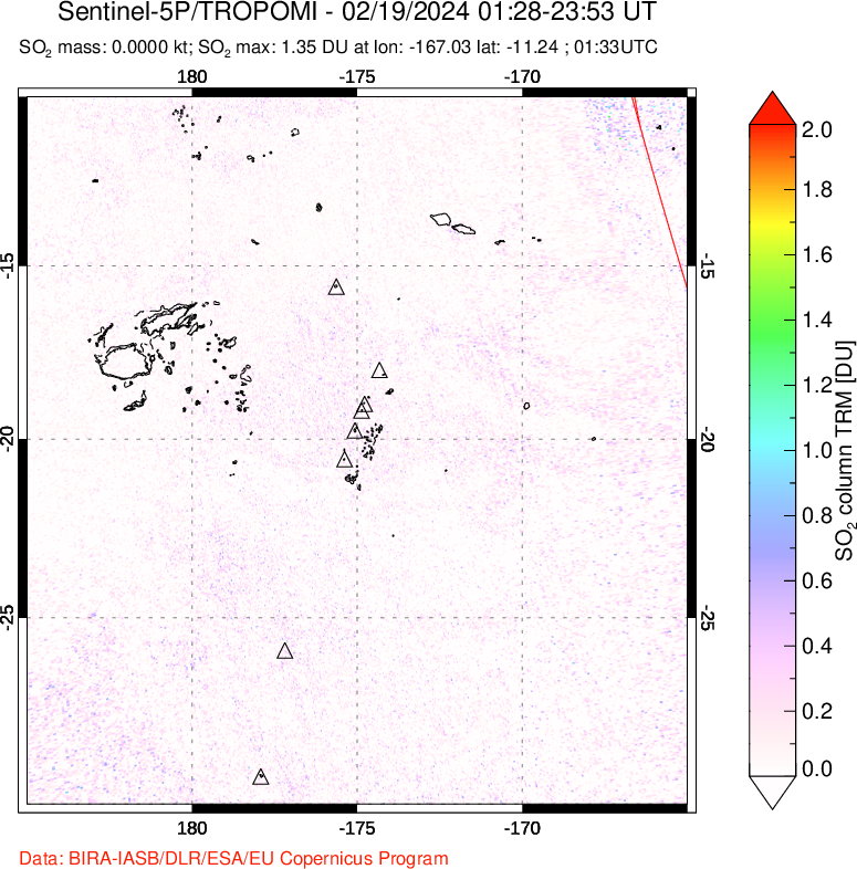 A sulfur dioxide image over Tonga, South Pacific on Feb 19, 2024.