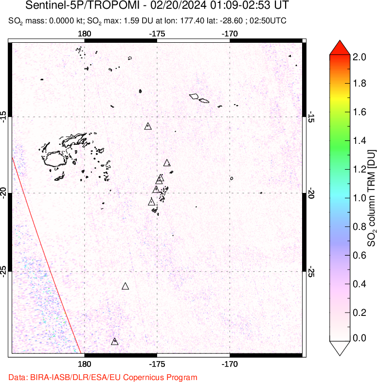 A sulfur dioxide image over Tonga, South Pacific on Feb 20, 2024.