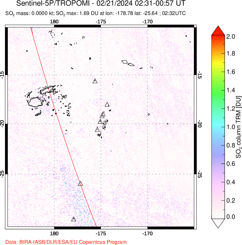 A sulfur dioxide image over Tonga, South Pacific on Feb 21, 2024.