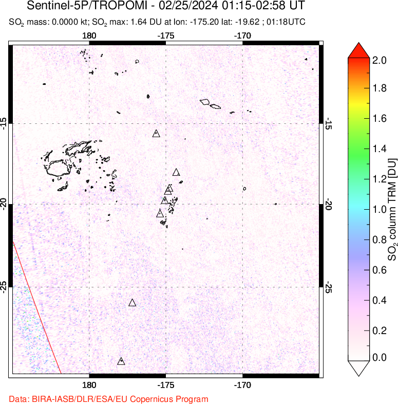 A sulfur dioxide image over Tonga, South Pacific on Feb 25, 2024.