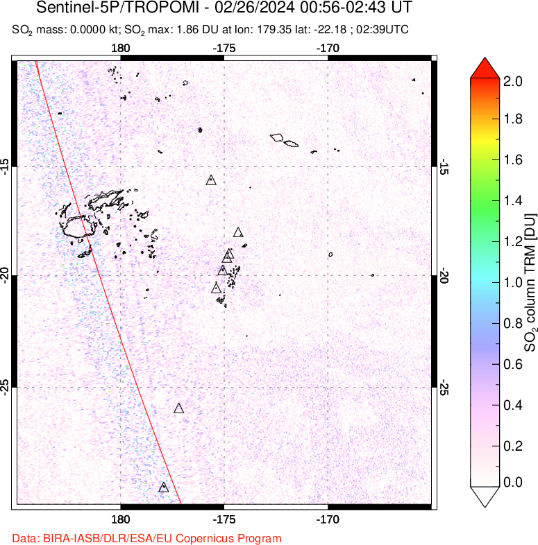 A sulfur dioxide image over Tonga, South Pacific on Feb 26, 2024.