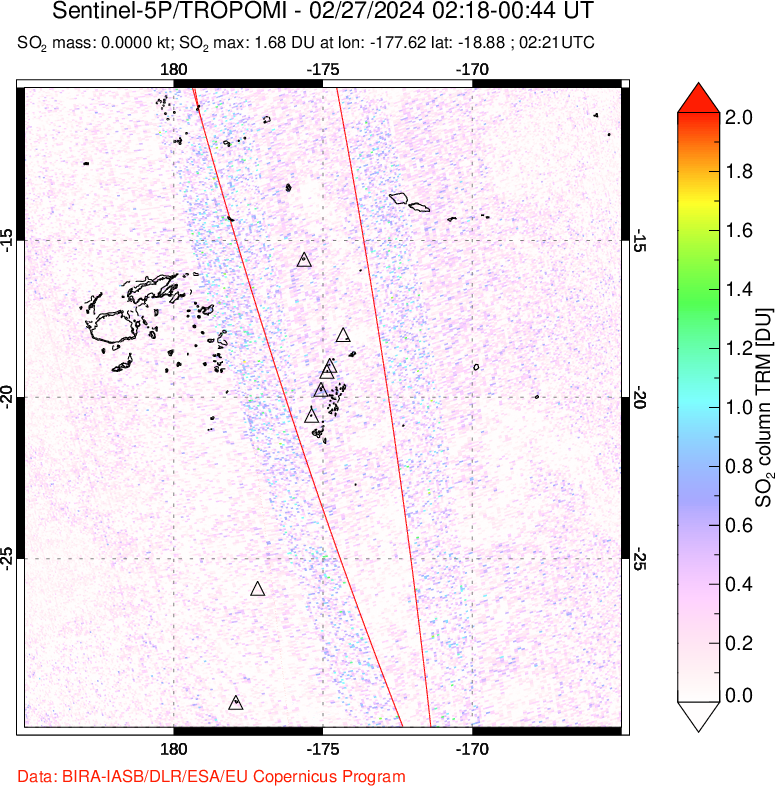 A sulfur dioxide image over Tonga, South Pacific on Feb 27, 2024.