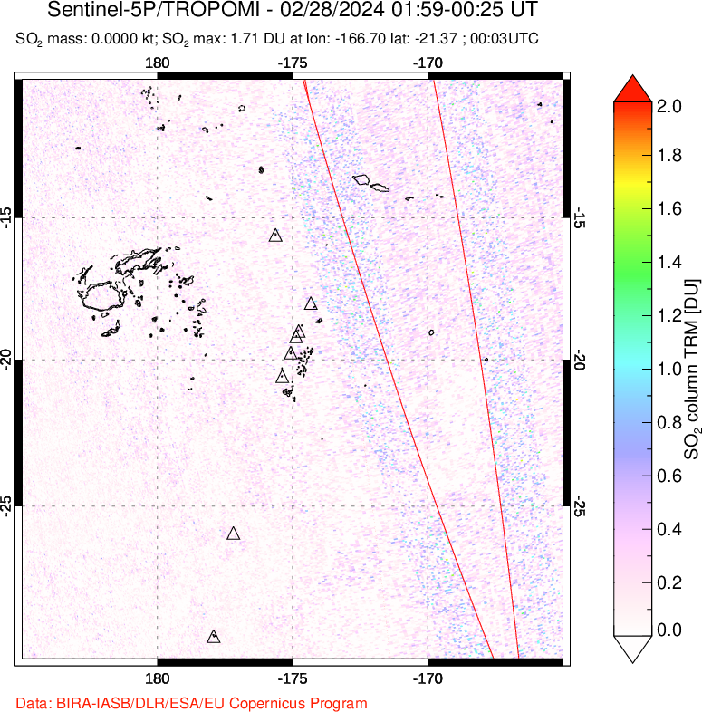 A sulfur dioxide image over Tonga, South Pacific on Feb 28, 2024.