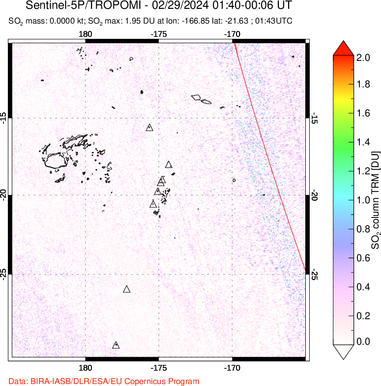 A sulfur dioxide image over Tonga, South Pacific on Feb 29, 2024.