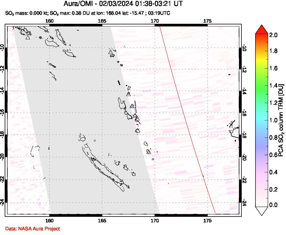 A sulfur dioxide image over Vanuatu, South Pacific on Feb 03, 2024.