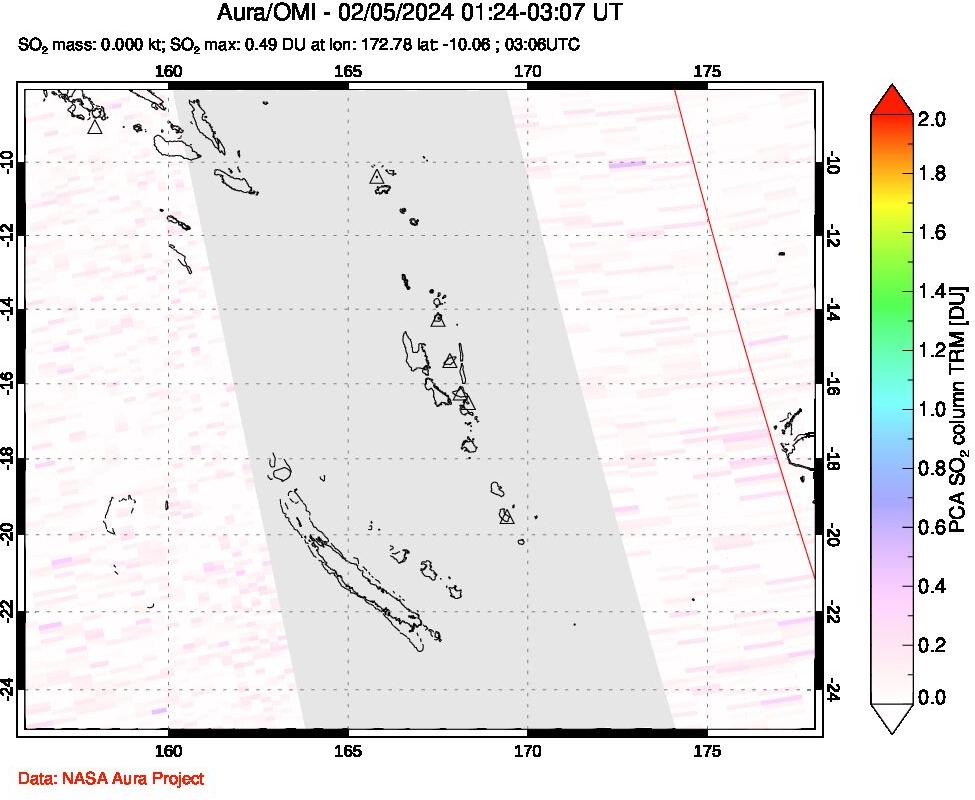 A sulfur dioxide image over Vanuatu, South Pacific on Feb 05, 2024.