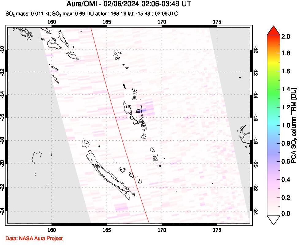 A sulfur dioxide image over Vanuatu, South Pacific on Feb 06, 2024.