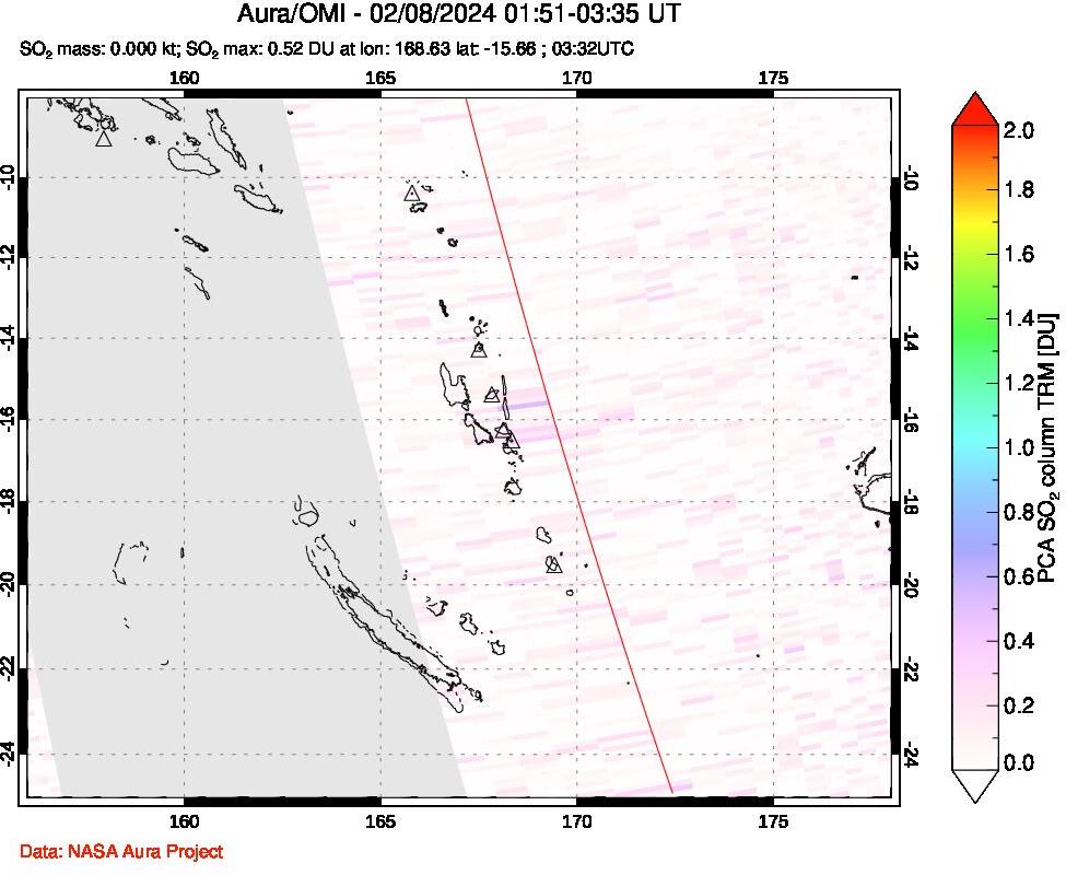 A sulfur dioxide image over Vanuatu, South Pacific on Feb 08, 2024.