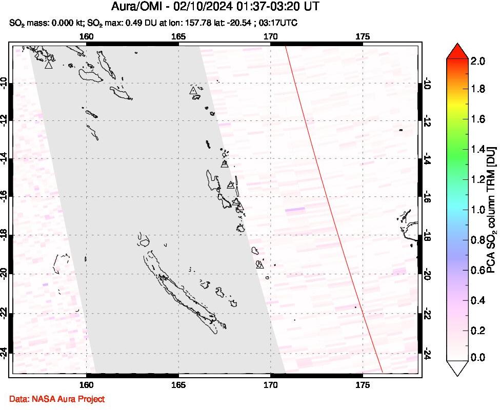 A sulfur dioxide image over Vanuatu, South Pacific on Feb 10, 2024.