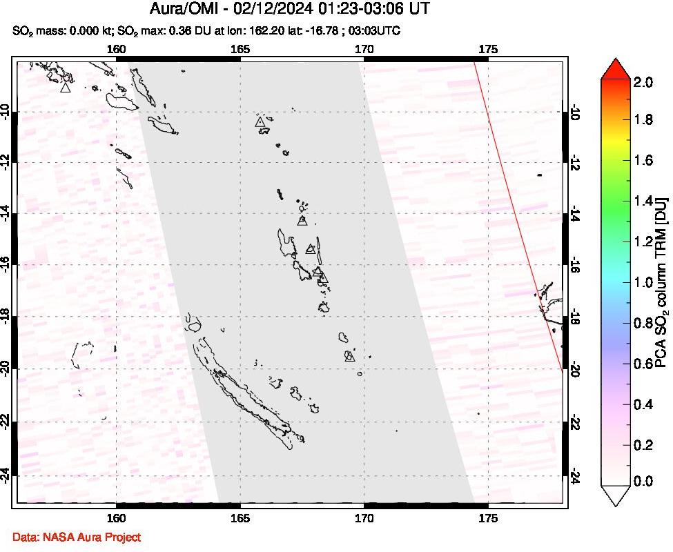 A sulfur dioxide image over Vanuatu, South Pacific on Feb 12, 2024.