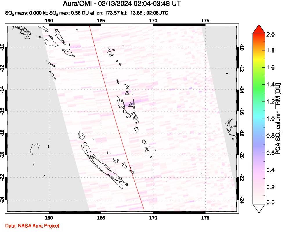 A sulfur dioxide image over Vanuatu, South Pacific on Feb 13, 2024.