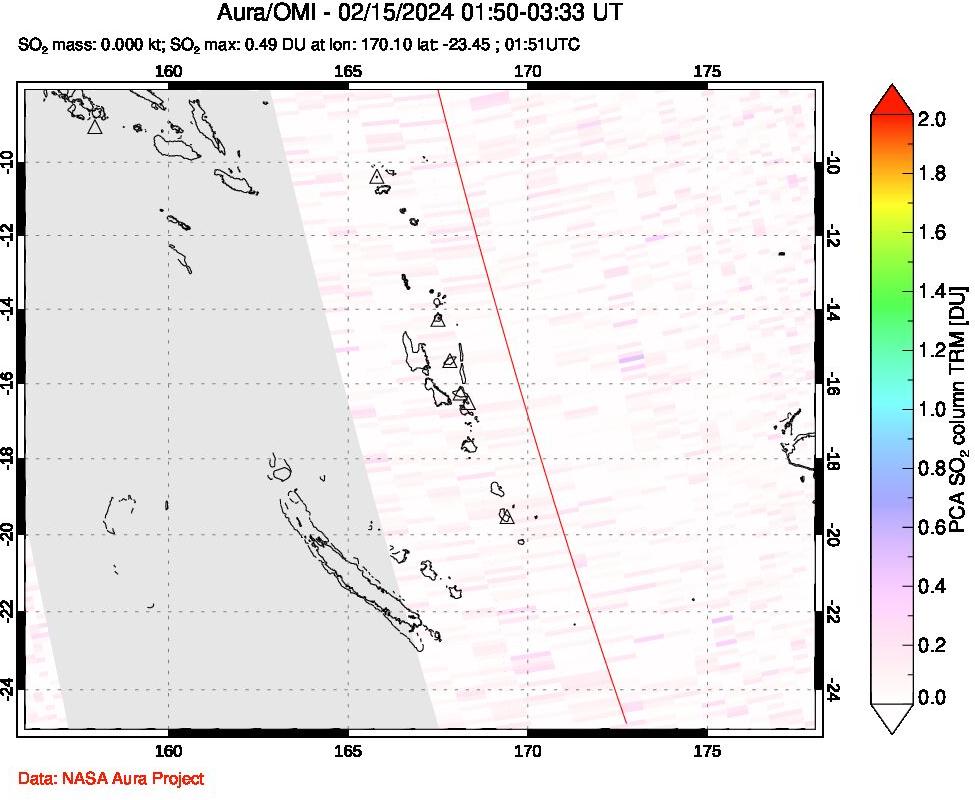 A sulfur dioxide image over Vanuatu, South Pacific on Feb 15, 2024.