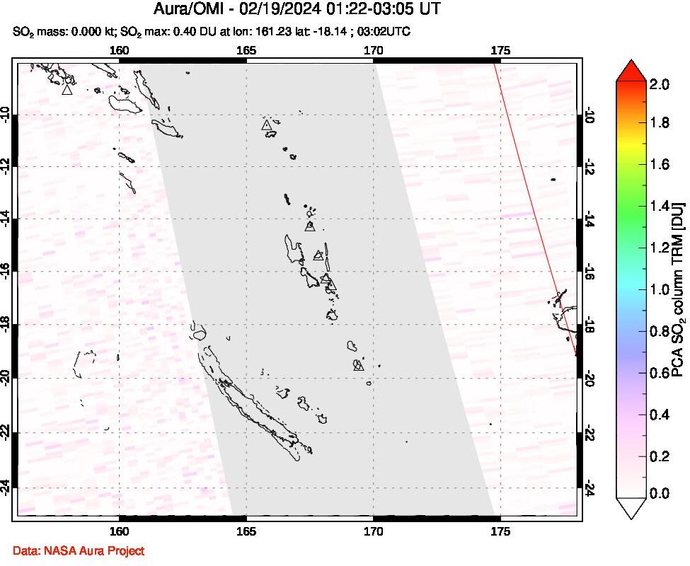 A sulfur dioxide image over Vanuatu, South Pacific on Feb 19, 2024.