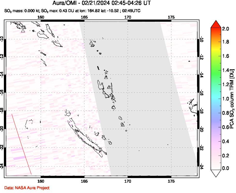 A sulfur dioxide image over Vanuatu, South Pacific on Feb 21, 2024.