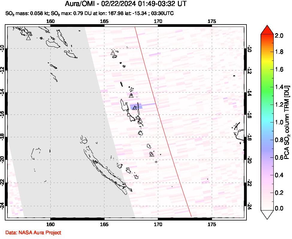A sulfur dioxide image over Vanuatu, South Pacific on Feb 22, 2024.