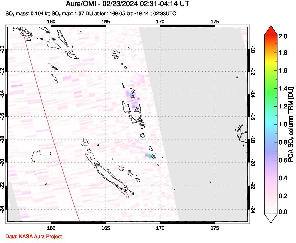 A sulfur dioxide image over Vanuatu, South Pacific on Feb 23, 2024.